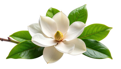 Obraz premium A white flower with yellow center, surrounded by glossy green leaves