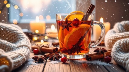 Warm spiced tea with orange, cinnamon, and star anise on a snowy day
