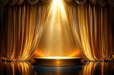 golden stage with luxurious draped curtains revealing an illuminated round pedestal under a dramatic spotlight, glossy reflective floor and glamorous anticipation