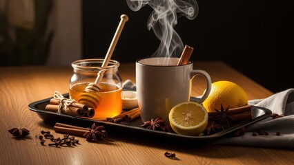 Steaming mug of tea with honey, lemon, and spices on a wooden tray
