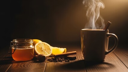 Steaming cup of tea with honey, lemon, and spices on wooden table