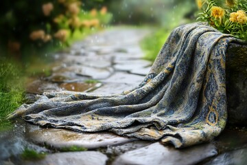 A comfortable woolen scarf placed elegantly across a wooden garden seat