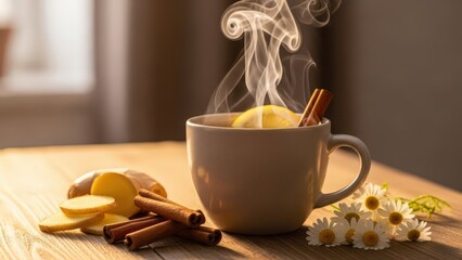 Steaming mug of lemon tea with cinnamon sticks on wooden table
