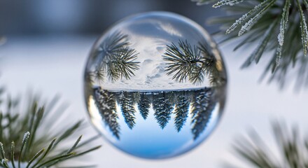 Beautiful winter scene reflected in a crystal ball with snow covered pine branches and a clear blue sky creating a festive holiday atmosphere perfect for seasonal decorations
