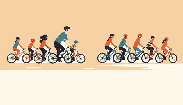 Illustration of multiple people of varying ages riding bicycles, all in helmets, going in the same direction
