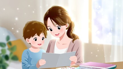 Heartwarming Moment of Mother and Child Reading Together in a Cozy Indoor Setting with Soft Light and Tender Expressions