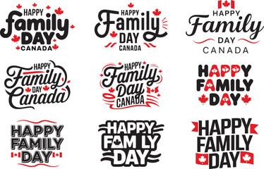 Happy family day Canada typography design with maple leaf vector
