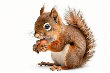 Obraz premium Cute red squirrel sitting and eating a hazelnut isolated on white background.