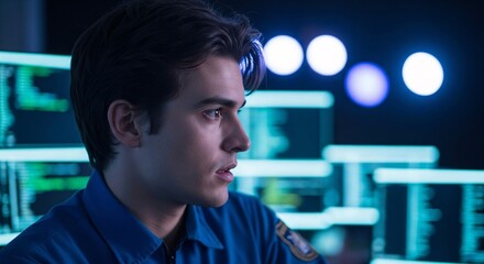 Focused young male cybersecurity analyst working on computer screens with digital data and code in a high tech environment for cybersecurity and IT security professionals