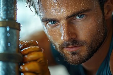 close-up of a person washing hands under a dripping metal faucet with soap and water droplets on wet skin, shoulder, wet hair and stubble conveying a focused refreshed moment