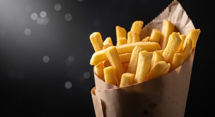 Close-up of a paper bag filled with crispy golden French fries on a dark background for fast food and snack advertising or menu design