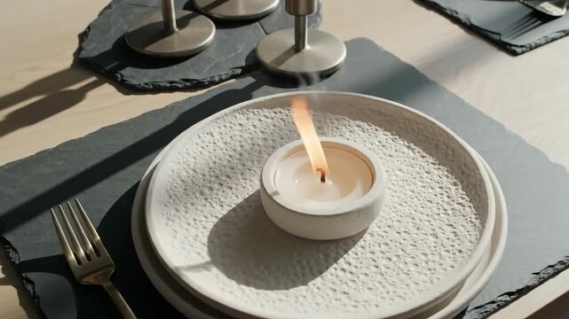 Elegant Table Setting With Lit Candles And Modern Dinnerware For Romantic Dinner Scene