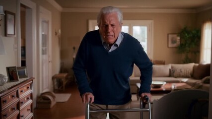 An elderly man utilizing a walker to navigate indoors, showcasing resilience and mobility Stock Video - Powered by Adobe