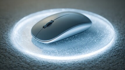 Modern computer mouse placed on a translucent circular mouse pad in an ambient light setting.