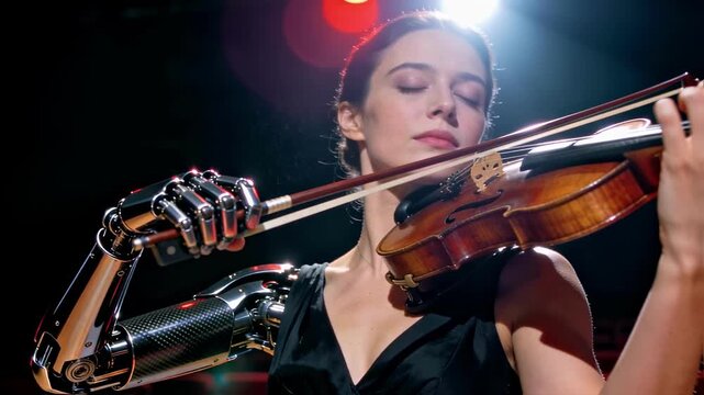 Female violinist with a bionic prosthetic arm playing on stage. Cybernetic musician performing classical music with dramatic lighting. Future technology and human integration concept