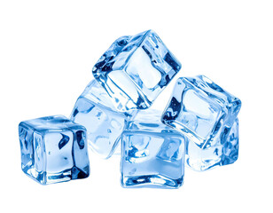 A cluster of transparent ice cubes are piled together, with reflections and shadows