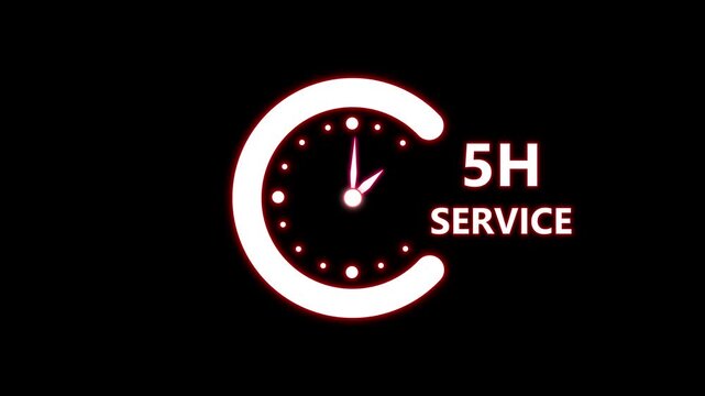 Glowing neon 5 hours service clock icon. Online customer care, live chat support, and real-time customer assistance to ensure complete customer satisfaction. Technology map and dark background 4K.