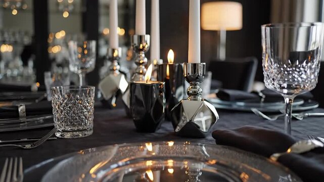 Elegant Table Setting With Silver Accents And Candlelight For Formal Dining Occasion