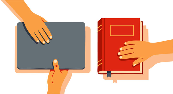 A vibrant illustration depicts hands exchanging a modern digital tablet and a classic red book, symbolizing the evolving choice in learning and information.
