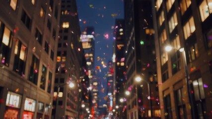 A breathtaking urban celebration unfolds with a vibrant shower of colorful confetti descending upon a bustling city street at night, creating a magical atmosphere for an unforgettable event