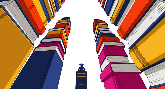 A perspective view of colorful books stacked high, forming an upward arrow shape against a white background.