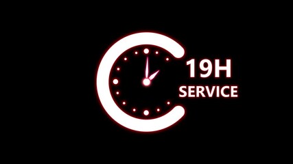 Glowing neon 19 hours service clock icon. Online customer care, live chat support, and real-time customer assistance to ensure complete customer satisfaction. Technology map and dark background 4K.