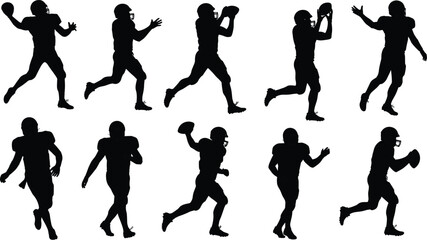 American football player silhouettes, dynamic poses, throwing and catching ball, sports vector illustration, athletic action figures, helmeted players, flat design art © BlendCraft