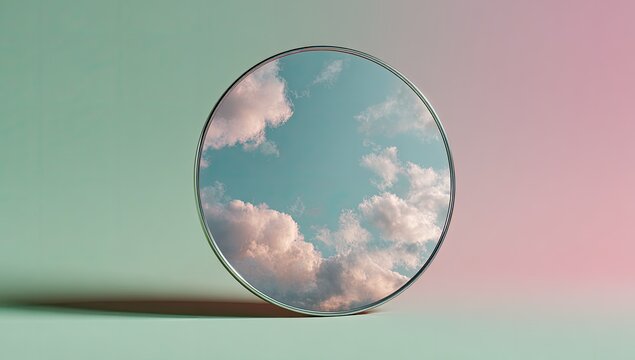 Circular mirror reflecting a sky full of clouds, set on a pastel background
