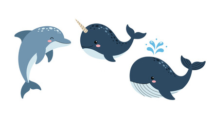 Obraz premium Adorable collection of cute cartoon sea animals including a smiling dolphin, a happy narwhal, and a spouting blue whale.