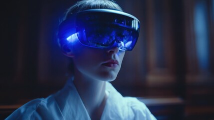Medium shot of a forensic expert wearing VR goggles examining a detailed virtual crime scene reconstruction in a futuristic courtroom setting.