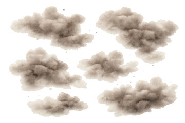 Collection of brown dust clouds or smoke puffs creating an explosion effect, isolated on transparent background