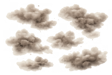 Collection of brown dust clouds or smoke puffs creating an explosion effect, isolated on transparent background