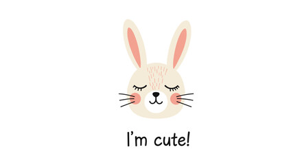 Obraz premium Adorable Scandinavian style bunny face illustration with closed eyes and the text 'I'm cute' on a clean white background.