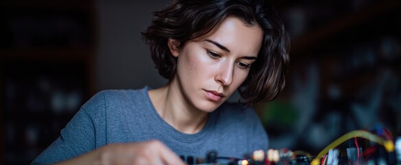 The woman is a wizard conjuring magic from electronic components for her DIY project.
