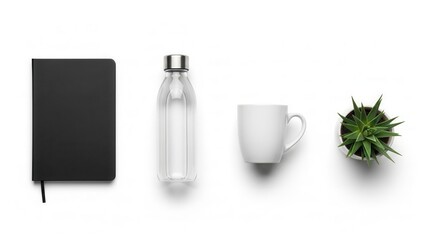 Minimal office supplies arrangement notebook bottle mug succulent top view