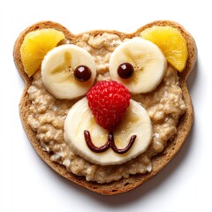 Creative Breakfast Idea with Toast, Oatmeal, Fruit, and Fun Bear Face Design for Kids and Families