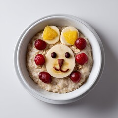 Whimsical Breakfast Bowl with Fruit and Oatmeal Decorated as a Lion Face for Kids