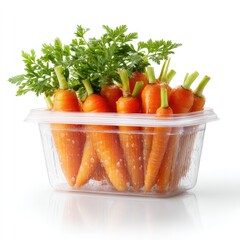 Fresh Organic Carrots with Green Tops in Clear Plastic Container on White Background