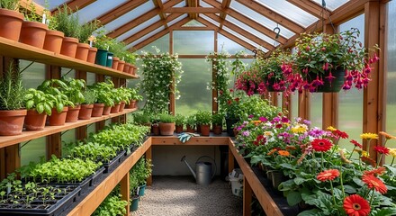 Abundant flora thrives within a sunlit wooden structure filled with vibrant potted plants