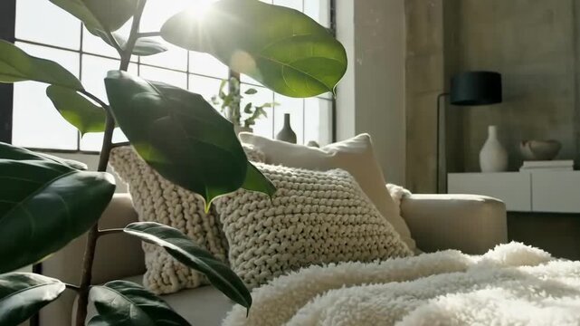 Fiddle Leaf Fig And Minimalist Modern Home Interior On Sunny Day Creates Peaceful Atmosphere