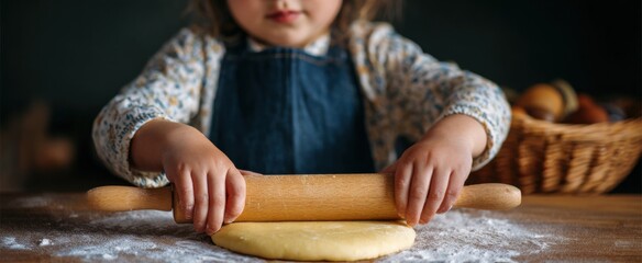 the enthusiastic child flattening soft cookie dough with a sturdy rolling pin on the counter
