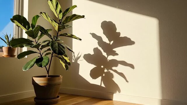 Fiddle Leaf Fig Tree Casting Shadows On Wall In Sunlight Indoor Environment
