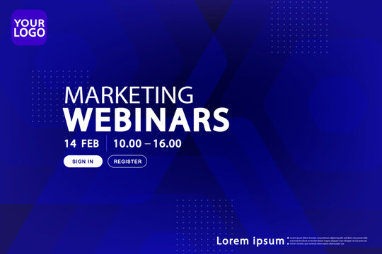 Marketing webinars web banner template with abstract blue geometric arrow background. Digital business seminar invitation layout with registration button for online workshop , corporate event strategy