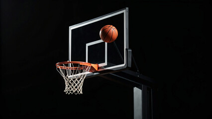 Basketball moving toward hoop during game in indoor court at night with bright lights shining on court