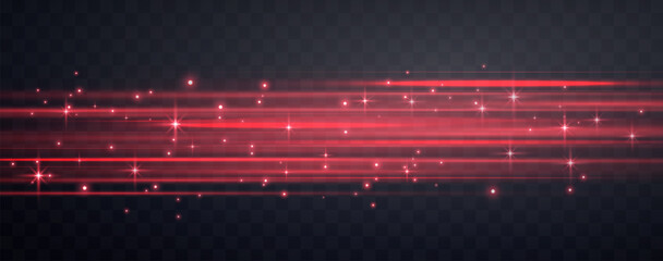 Speed rays, velocity light neon flow, zoom in motion effect, red glow speed lines, colorful light trails, stripes. Abstract background, vector illustration.