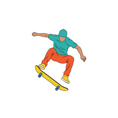 Obraz premium A colorful vector illustration of a skateboarder jumping in mid-air on a yellow board.