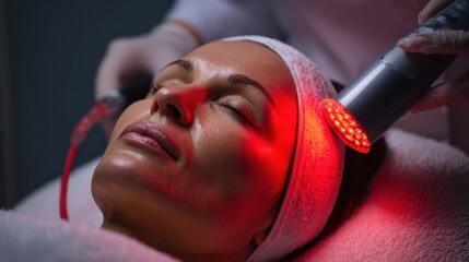 Focused medium shot of a patient receiving red light highfrequency therapy aimed at reducing inflammation and promoting skin healing in a clinical setting.