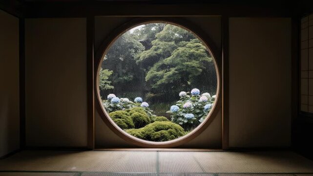 丸窓から雨の紫陽花庭園を眺める和室の静寂な映像