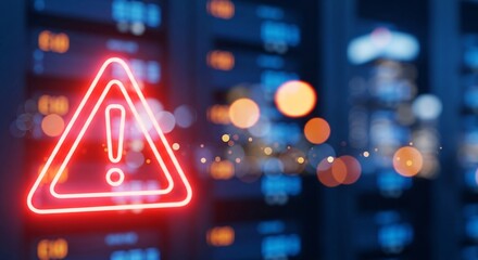 Digital warning alert icon glowing in neon red with blurred cityscape background representing technology alert safety and caution in urban environment