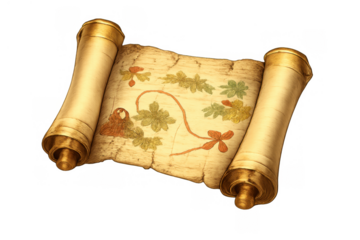 Ancient treasure map scroll revealing a hidden path for adventure and discovery, on a transparent background